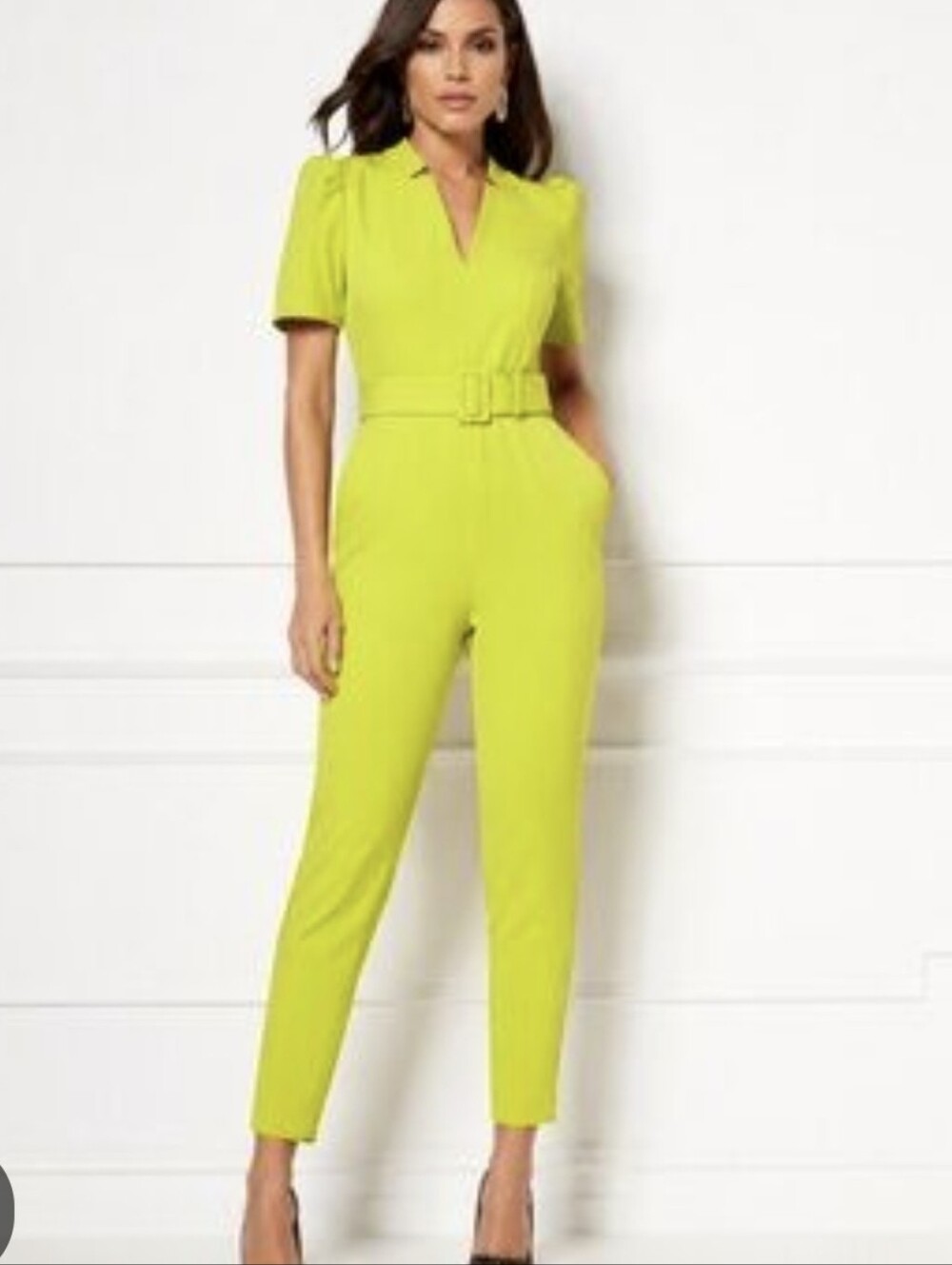 Eva Mendez Chartreuse Belted V-Neck Jumpsuit - Picture 4 of 4